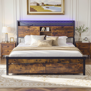 Sunvega Full Size Metal Platform Bed Frame with Wooden Headboard and Footboard