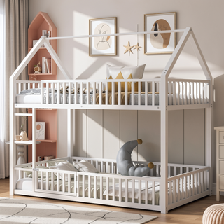 Sunvega Sturdy Metal Twin over Twin House Bunk Bed with Fence and Door