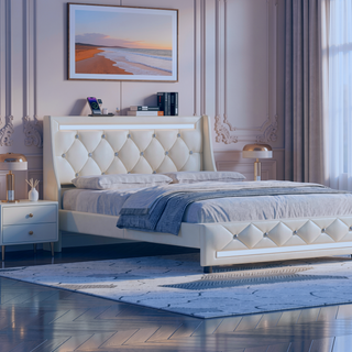 Sunvega Queen Size Bed Frame with Headboard LED Lights Charging Station Storage