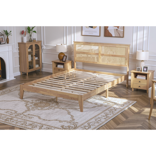 Sunvega Full Size Bed with Rattan Headboard Two Storage Drawers and Enhanced Support Slats