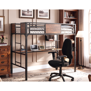 Sunvega Industrial Twin Over Workstation Bunk Bed With Wood Panels And Nailhead Trim