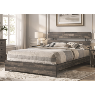 Sunvega Rustic Queen Platform Bed Slat Headboard with Brown Finish Wood Veneers
