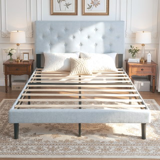 Sunvega Modern Upholstered Platform Bed Frame with Button Tufted Linen Headboard