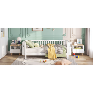 Sunvega Low Profile Twin Wood Platform Bed with Safety Rails for Kids Room