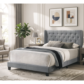 Sunvega Gray Polyester Fabric Wingback Bed with Button-tufted Details and Nailhead Trim