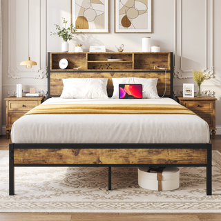 Sunvega Twin Size Bed Frame with Storage Headboard, Charging Station, and Bookcase