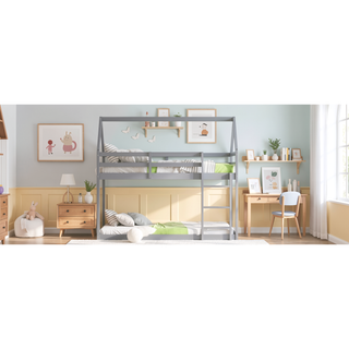 Sunvega Rubber Wood Twin over Twin Bunk Bed with Ladder and Guardrails