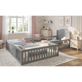 Sunvega Full Size House Floor Bed with Door and Full-Length Guardrails for Kids