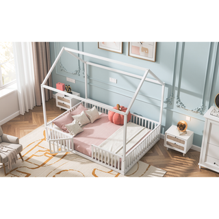 Sunvega White Twin Size Metal House Bed with Fence and Door for Kids