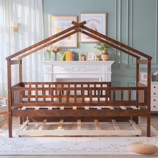Sunvega Twin Size Wooden House Bed with Trundle and Headboard in Walnut