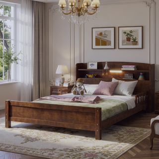 Sunvega Full Pine Wood Bed with Bookcase Headboard and LED Motion Sensor Light