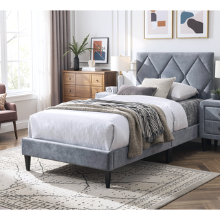 Sunvega Modern Grey Velvet Tufted Headboard Twin Size Youth Bed Frame