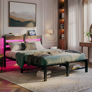 Sunvega Twin Size Heavy Duty LED Bed Frame with USB Charging and Headboard