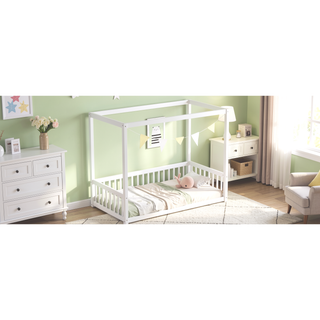 Sunvega Twin Size Canopy Frame Floor Bed with Guardrails and Natural Wood