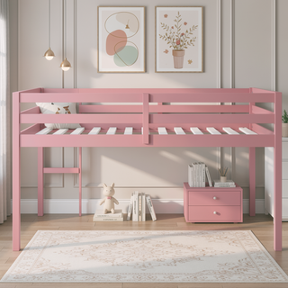 Sunvega Espresso Rubber Wood Low Height Loft Bed with Ladder for Bedroom