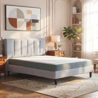 Sunvega Modern Channel Tufted Linen Stone Upholstered Full Size Platform Bed