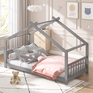 Sunvega Full Size Playhouse Design Wood Bed with Roof for Kids Room