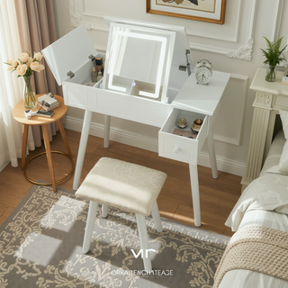 Sunvega Makeup Vanity Desk Set with Large LED Light Mirror and Storage Drawers
