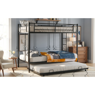 Sunvega Twin over Twin Bunk Bed with Trundle in White for Small Spaces