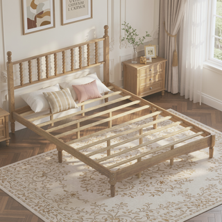 Sunvega Retro Style Queen Size Wood Platform Bed with Gourd Shaped Headboard and Slat Support