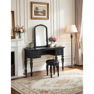 Sunvega Black Wooden Carved Vanity Set with Mirror Stool and Drawers