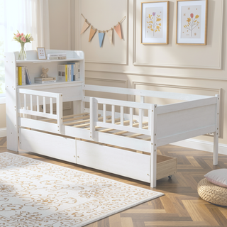 Sunvega White Twin Size Wood Platform Bed with LED Light Headboard and 2 Drawers