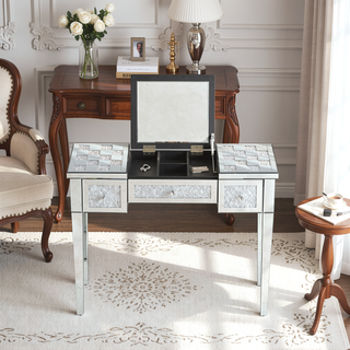 Sunvega Mirrored Makeup Vanity Desk with Crushed Diamond Inlay and Flip-Top Mirror
