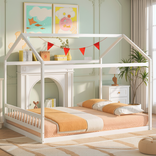 Sunvega Queen Size White House Shaped Bed with Headboard Made of Pine Wood