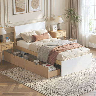 Sunvega Modern White High Gloss Twin Bed Frame with Light Oak Trundle for Space Saving