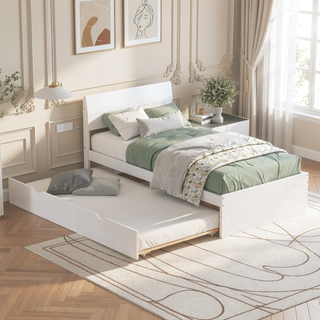 Sunvega Modern White High Gloss Twin Bed Frame with Light Oak Trundle for Space Saving