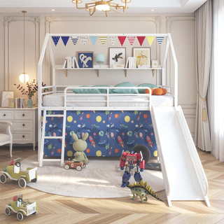 Sunvega Marvel Superhero Metal Twin Loft Bed with Slide and Curtain Set