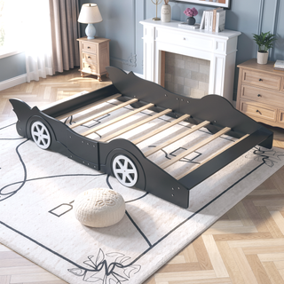 Sunvega Blue Twin Size Race Car-Shaped Platform Bed with Wheels for Kids