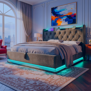 Sunvega Full Size Upholstered Bed with 360 LED Lighting Hydraulic Storage and USB Charging