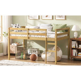 Sunvega Espresso Rubber Wood Low Height Loft Bed with Ladder for Bedroom