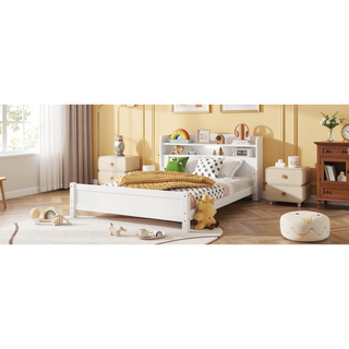 Sunvega Full Pine Wood Bed with Bookcase Headboard and LED Motion Sensor Light