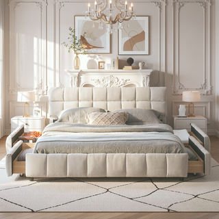 Sunvega Queen Size Upholstered Bed with Storage Drawers and Soft Chenille Headboard