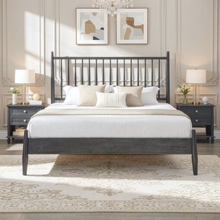 Sunvega Mid-Century Modern Design Full Platform Bed with Vertical Slats Headboard