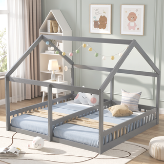 Sunvega Twin Size House Shaped Platform Beds with Safety Guardrails and Roof