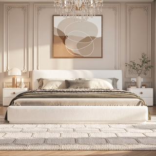 Sunvega Upholstered Bed with Padded Headboard and Wooden Slat Frame in White