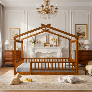 Sunvega Full Size House Bed Frame with Playhouse Fence and Roof for Kids