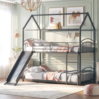 Sunvega Twin Over Twin Metal Bunk Bed With Slide And Removable Playhouse Roof