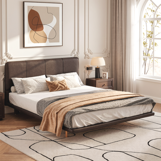 Sunvega Floating Bed Frame with Modern PU Leather Upholstery and Remote LED Lights Queen Size