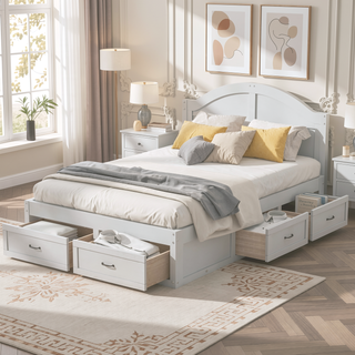 Sunvega Antique Natural Queen Size Platform Bed with 6 Spacious Storage Drawers