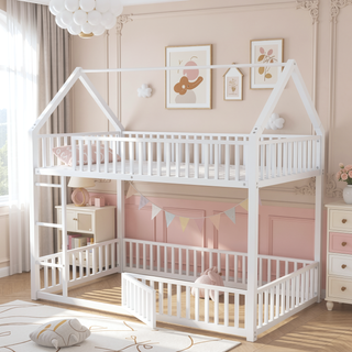 Sunvega Sturdy Metal Twin over Twin House Bunk Bed with Fence and Door