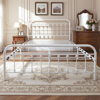 Sunvega Victorian Style Queen Size Metal Platform Bed Frame with Headboard and Under Bed Storage