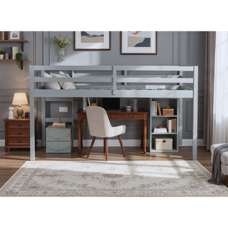 Sunvega Espresso Rubber Wood Low Height Loft Bed with Ladder for Bedroom