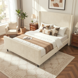 Sunvega Cream Queen Size Corduroy Upholstered Bed Frame with Winged Headboard
