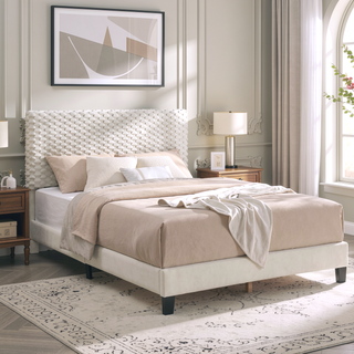 Sunvega Plush 3D Upholstered Platform Bed in White Dove with Height Adjustable Headboard