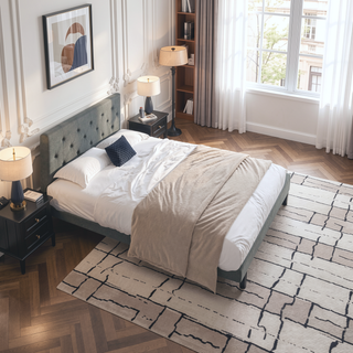 Sunvega Modern Upholstered Platform Bed Frame with Button Tufted Linen Headboard