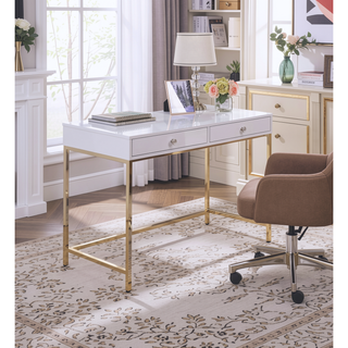 Sunvega White High Gloss Gold Finish Contemporary Vanity Desk with 2 Storage Drawers